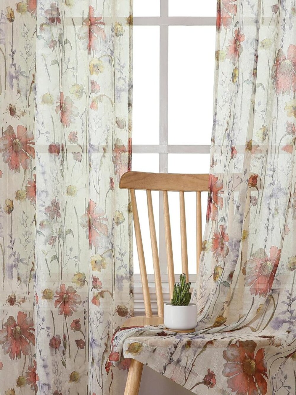 Crushed Sheer Curtains 84 Inch Length 2 Panels Set, Sheer Floral Curtains Printe